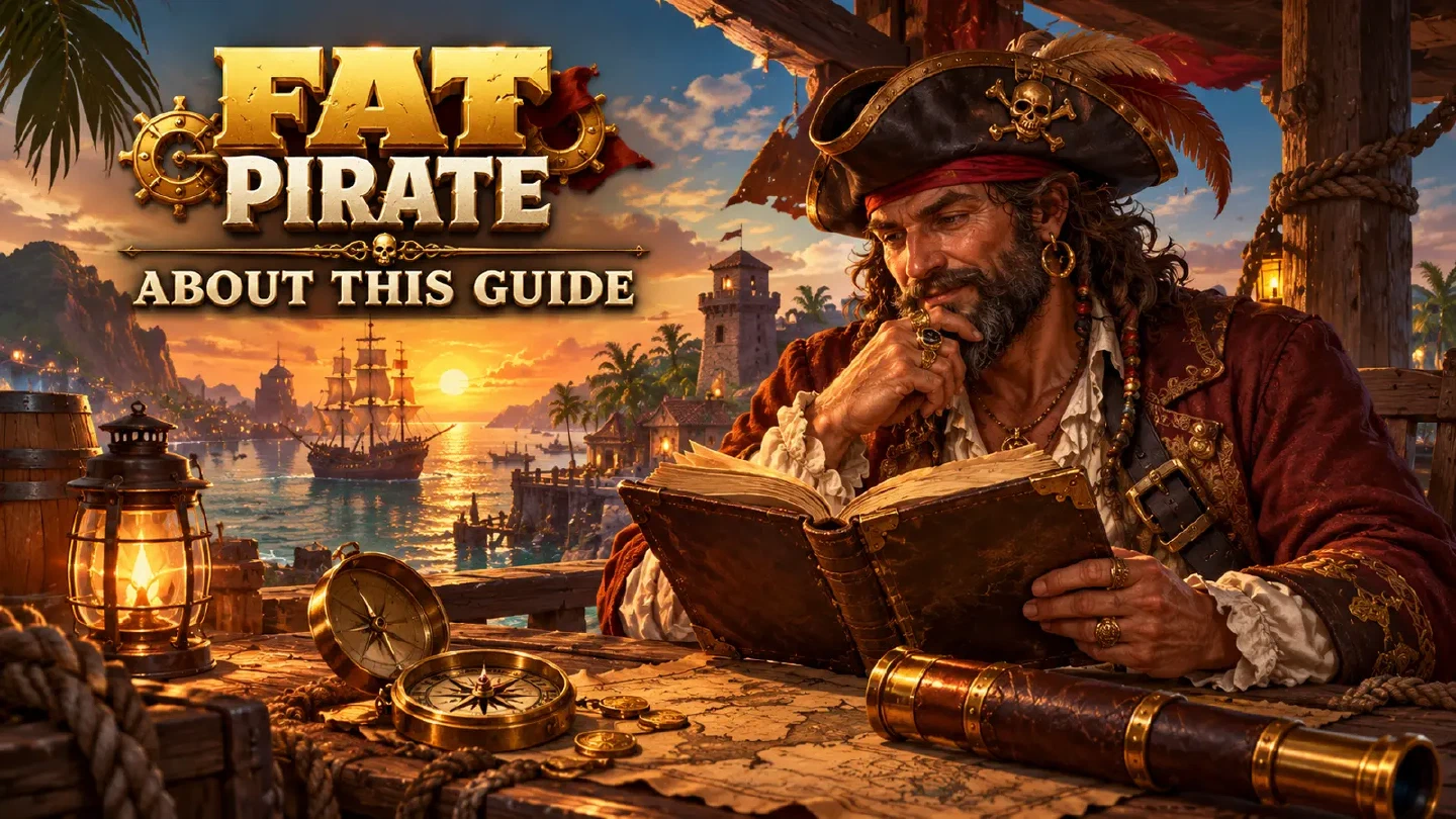 Fat Pirate illustration: an adult navigator reading an open unmarked journal at a harbour lookout, with compass and telescope