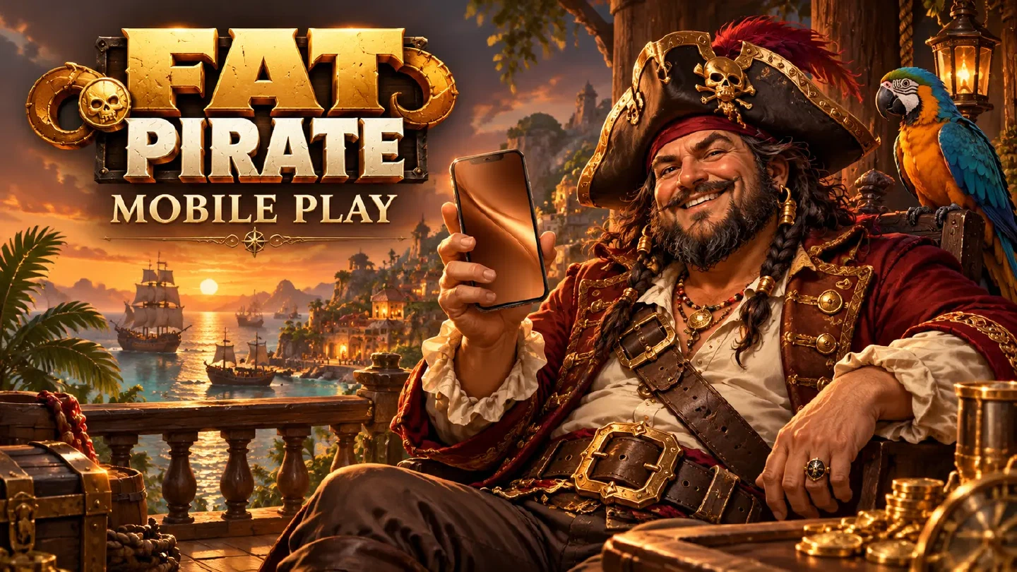 Fat Pirate illustration: an adult pirate holding a modern smartphone with a plain abstract copper screen, on a harbour balcony