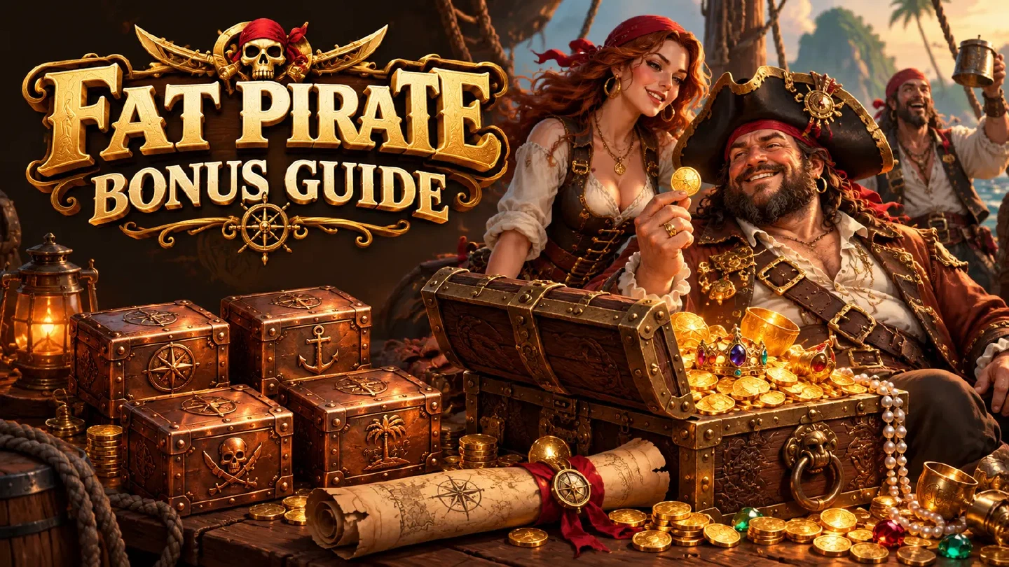 Fat Pirate illustration: an open carved treasure chest beside four neatly arranged copper boxes and a rolled parchment