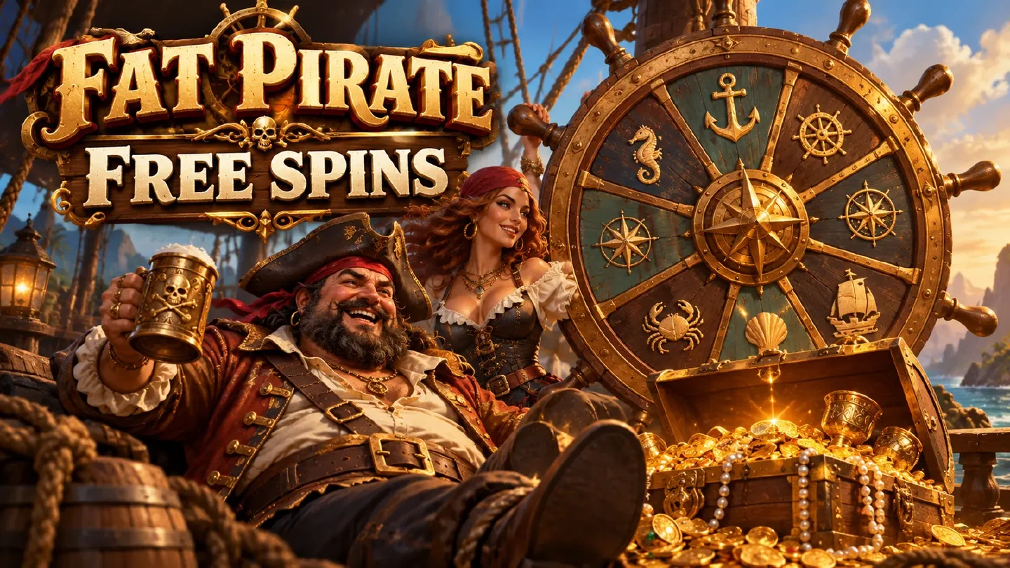 Fat Pirate illustration: a decorative wheel with nautical symbols beside an open treasure chest