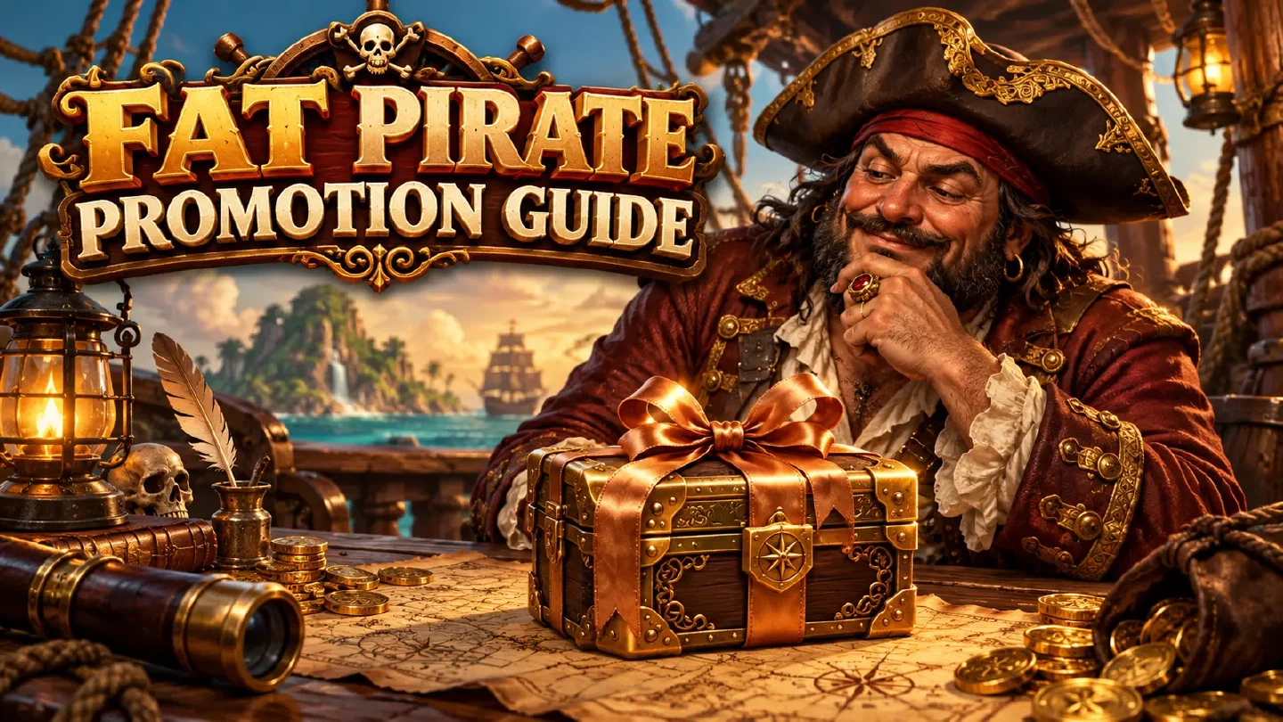 Fat Pirate illustration: a small ornate closed gift chest with a copper ribbon on a ship desk, an adult captain considering it