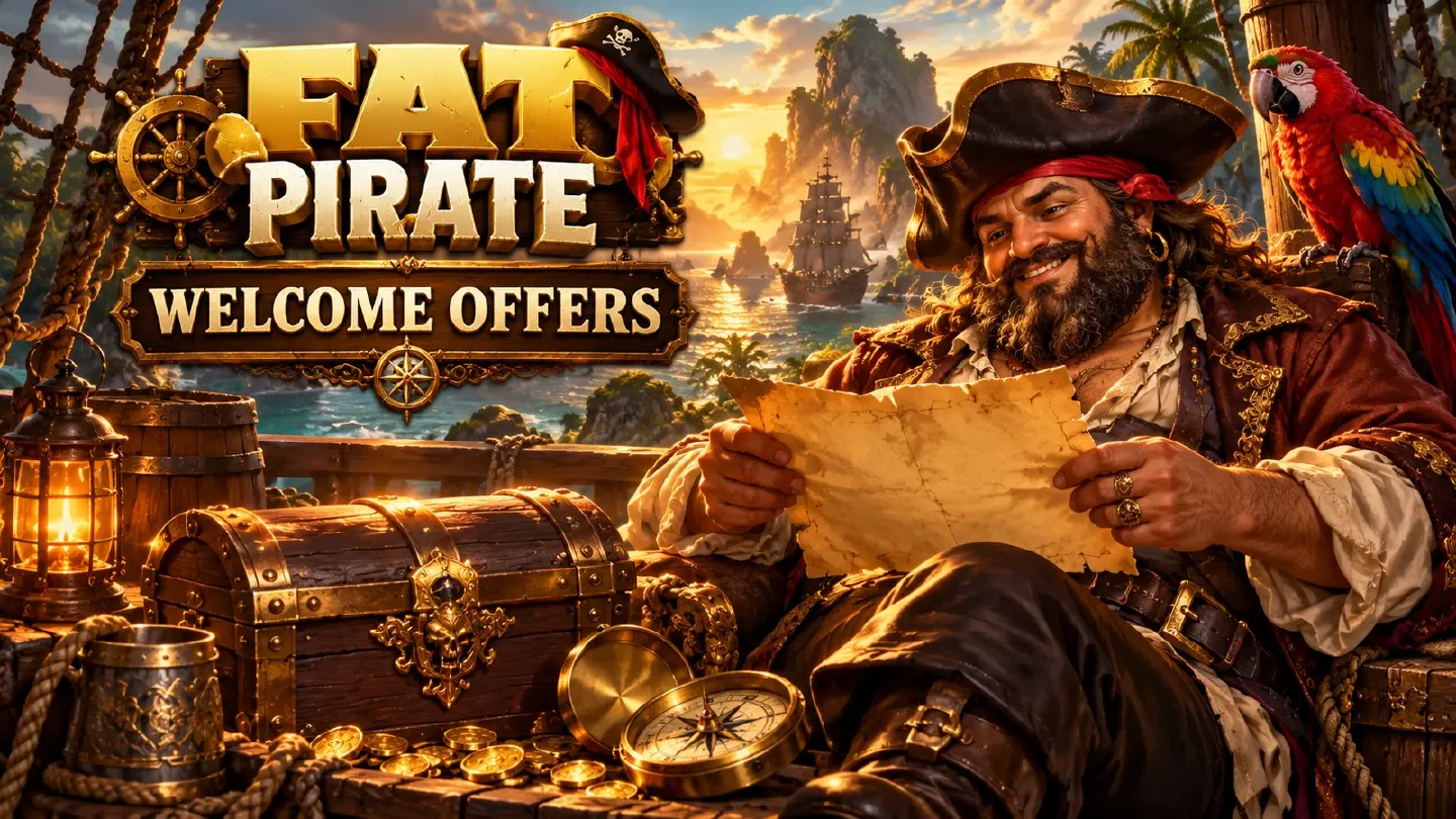 Fat Pirate illustration: an adult pirate reading an unmarked parchment beside a closed treasure chest and brass compass