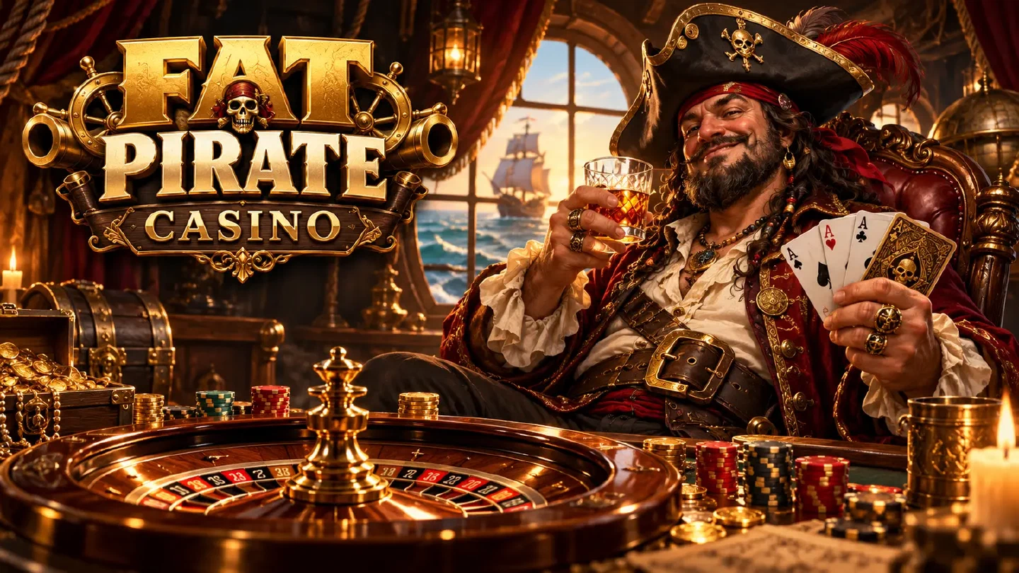 Fat Pirate illustration: an adult pirate captain beside a roulette wheel and playing cards inside a lavish ship cabin