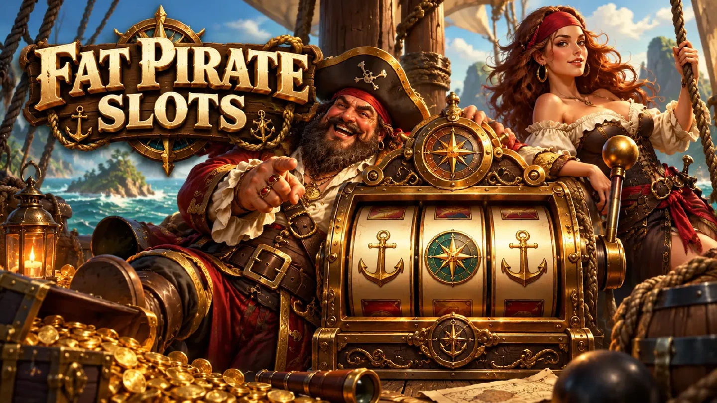 Fat Pirate illustration: an ornate antique mechanical three-reel machine with simple nautical anchor and compass motifs, aboard a ship