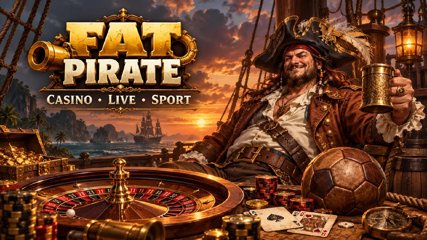 Pirate captain beside a casino wheel, playing cards and sports equipment