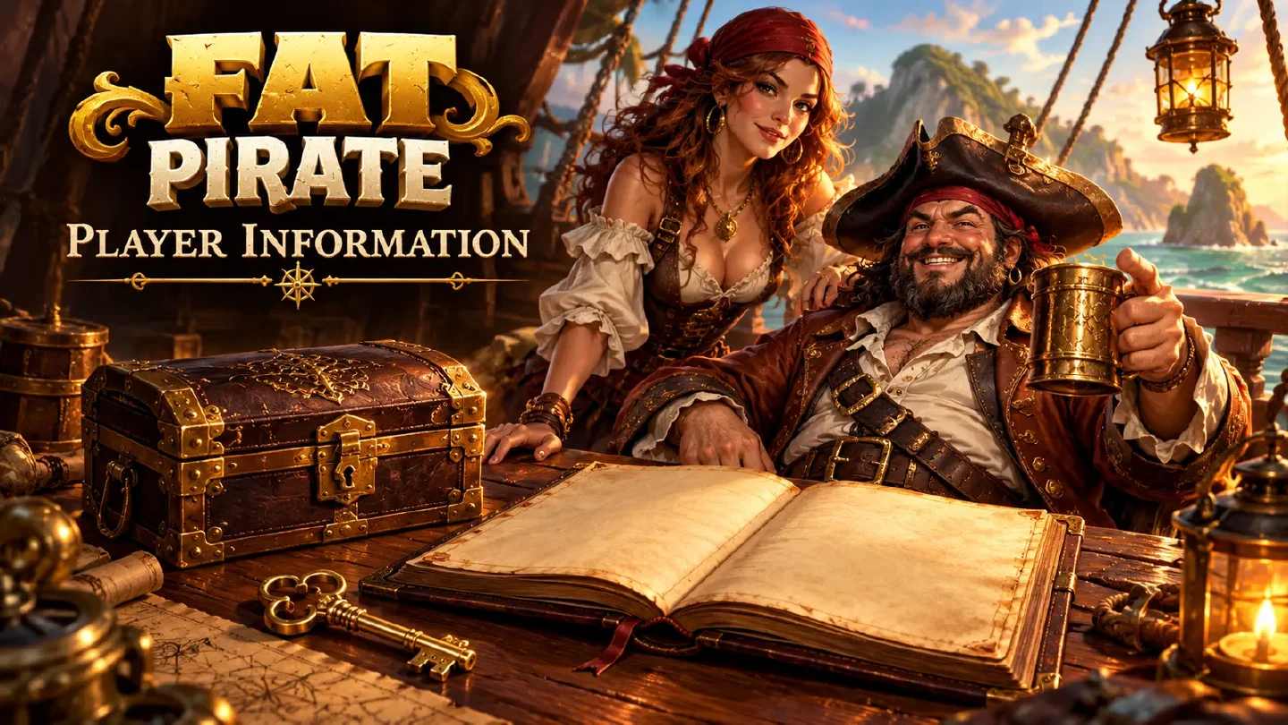 Fat Pirate illustration: an unmarked open ledger, brass key and closed document chest on a ship desk
