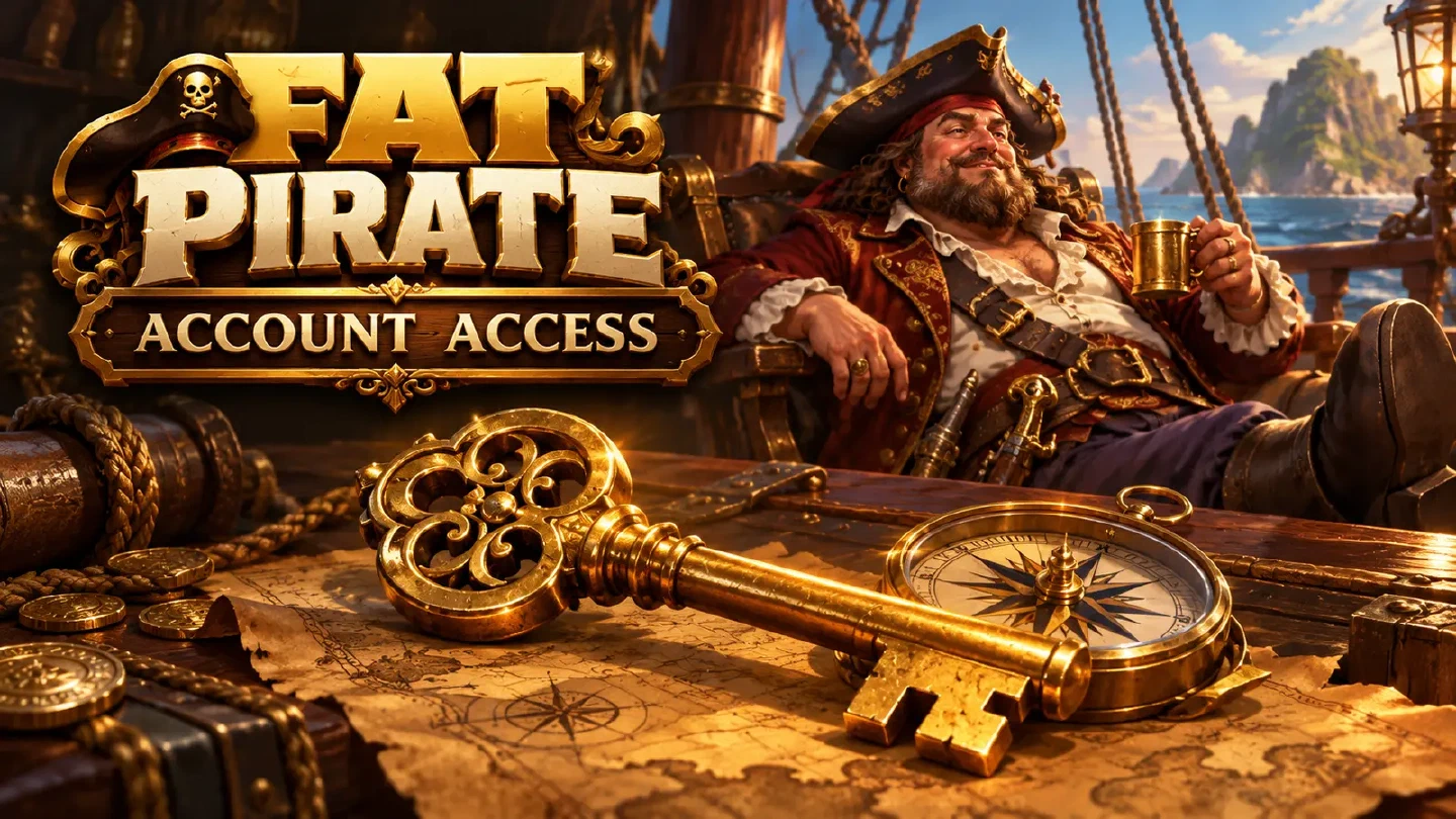 Fat Pirate illustration: a large ornate brass key beside a compass on a ship desk, adult captain in background