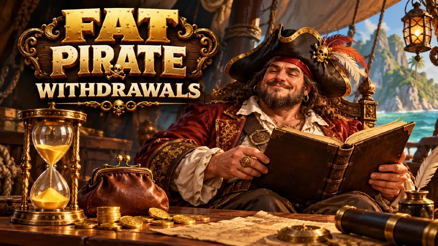 Fat Pirate illustration: a brass hourglass beside a closed coin purse on a ship desk, adult captain calmly reading an unmarked ledger
