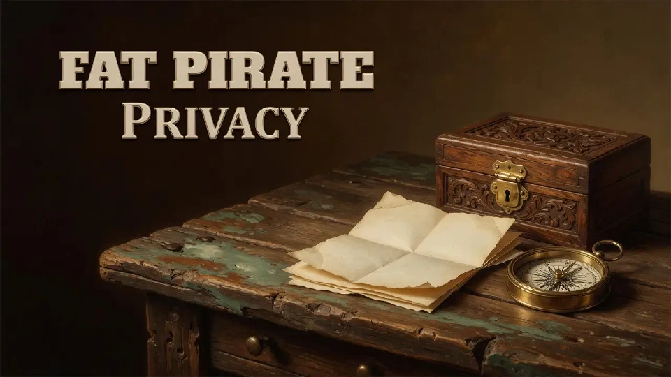 Fat Pirate illustration: a small closed wooden document box with a brass lock, unmarked folded letters and a compass on a ship desk