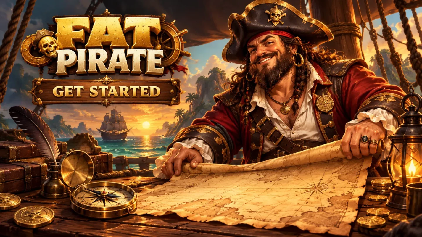 Fat Pirate illustration: an adult captain unrolling an unmarked nautical map beside a brass compass and feather pen