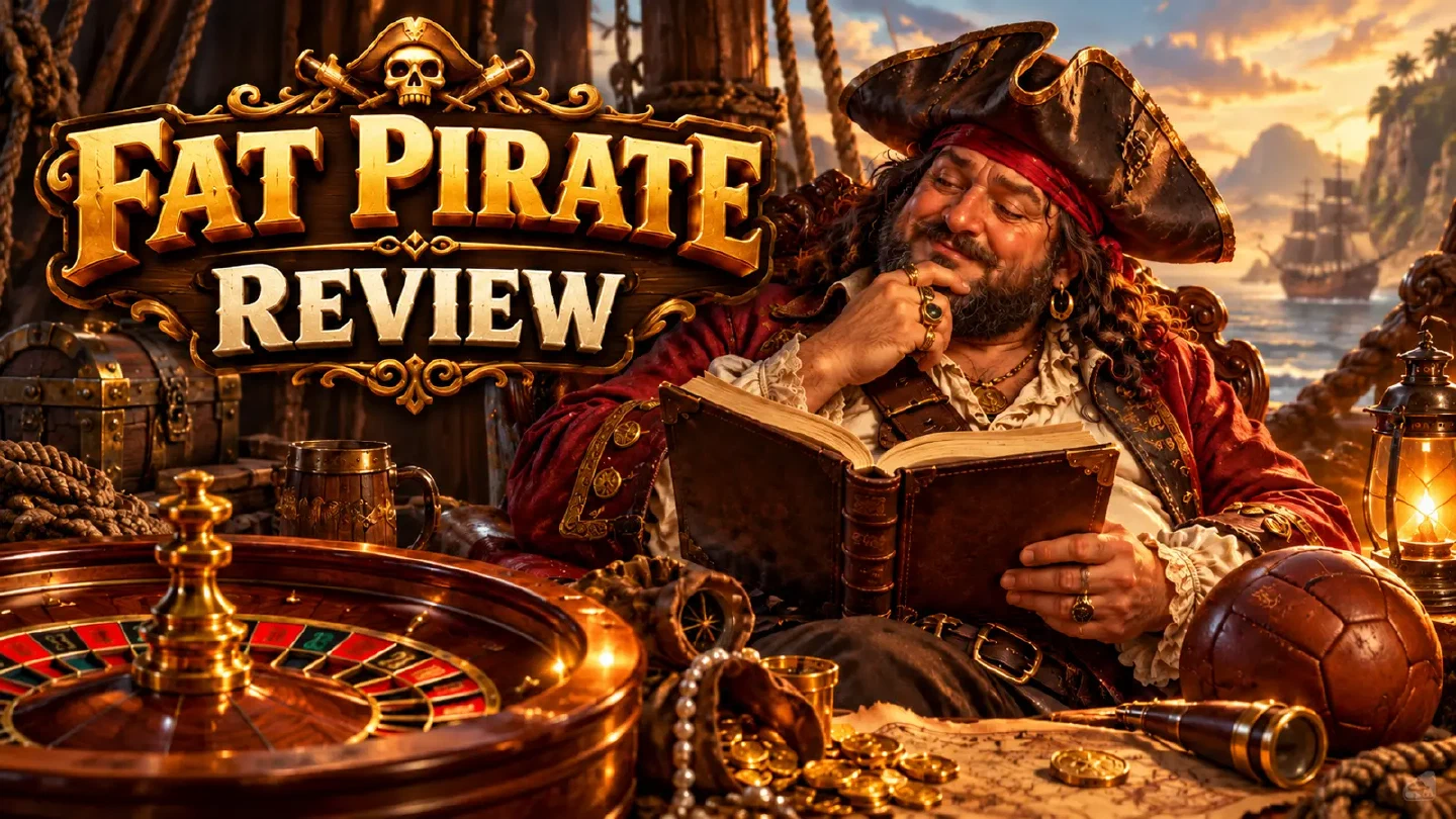 Fat Pirate illustration: an adult pirate reading an unmarked open journal beside a roulette wheel and leather football