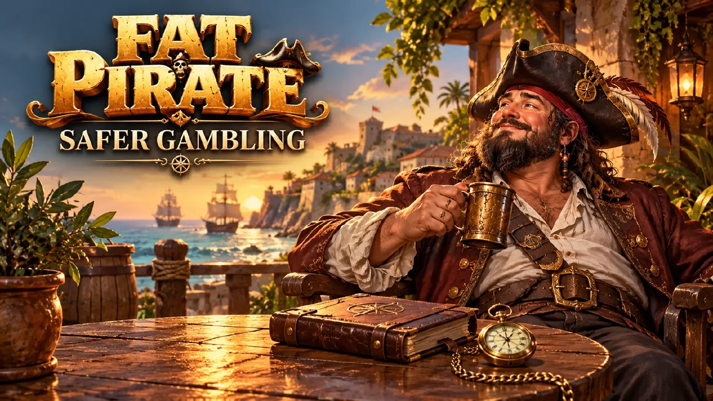 Fat Pirate illustration: an adult captain taking a peaceful break on a quiet harbour terrace beside a closed journal and brass pocket watch