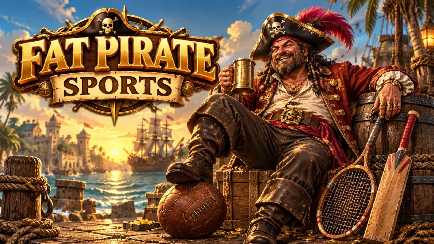 Fat Pirate illustration: an adult pirate captain on a harbour quay beside an old leather football, tennis racket and cricket bat