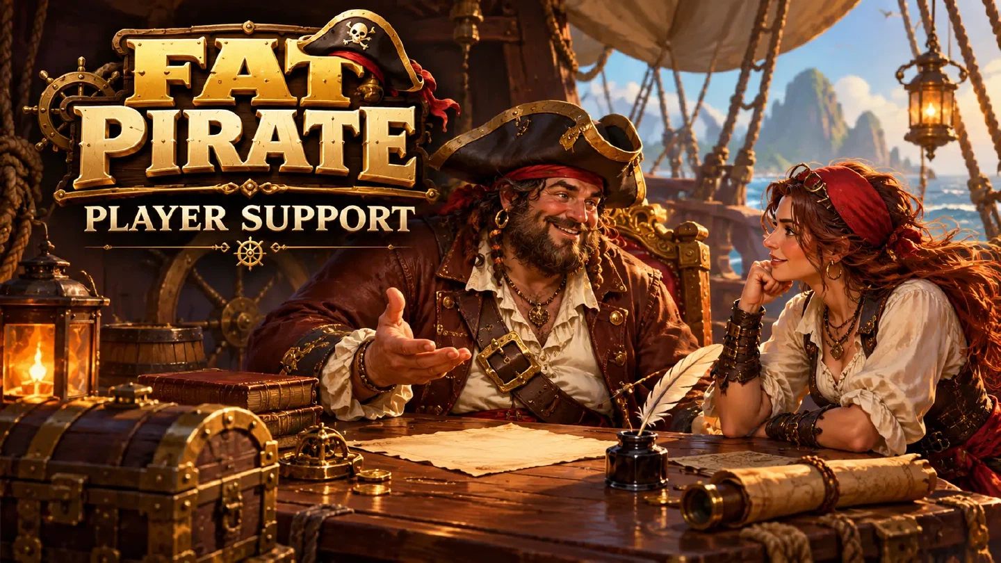 Fat Pirate illustration: two adult pirates having a calm helpful conversation across a ship desk with an unmarked letter and quill