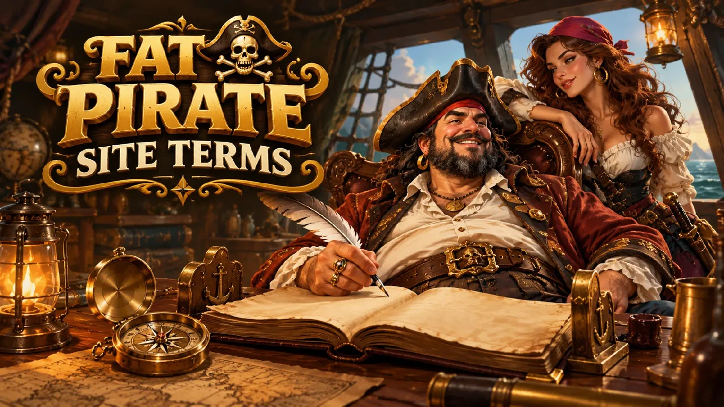 Fat Pirate illustration: an open unmarked journal with feather pen, compass and simple brass bookends in a ship cabin