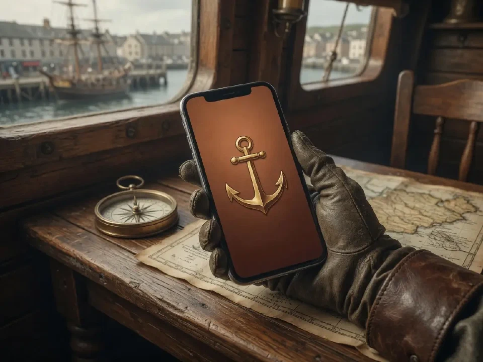 Illustrated phone, compass and chart on a ship desk